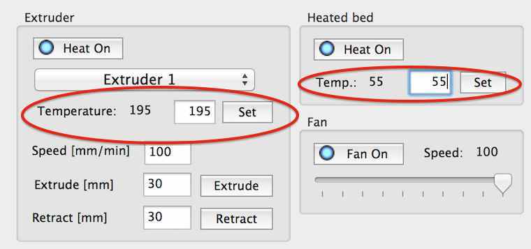 De temperatuur van de nozzle en het printbed instellen in Repetier Host.